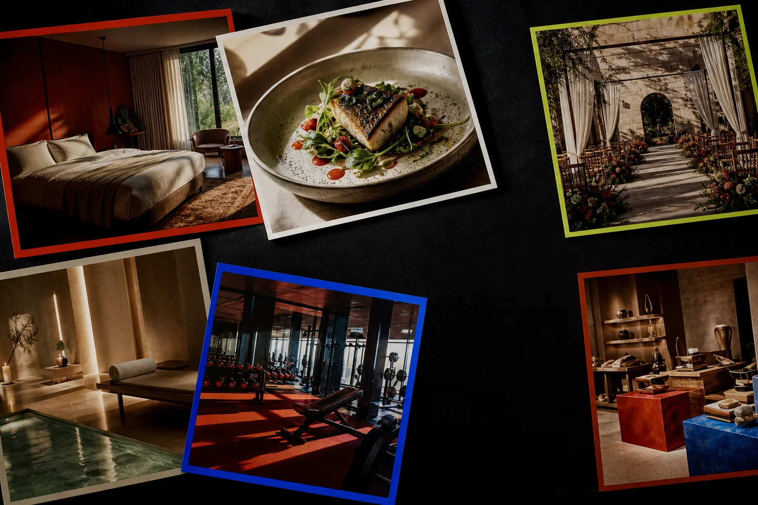 An editorial contact sheet showing a stay, restaurant, event venue, spa, fitness studio and retail space becoming a vertical video
